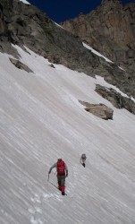traversing the snowfield to gain Stone Man couloir