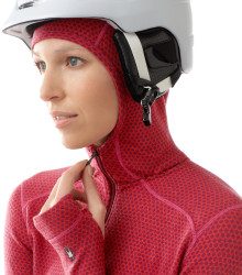 Model wearing helmet with hood up