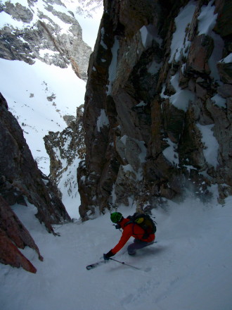 Skiing in the East Hourglass Couloir, Teton Range