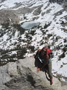 moccasyms top out on a freesolo of Cathedral Peak, Yosemite
